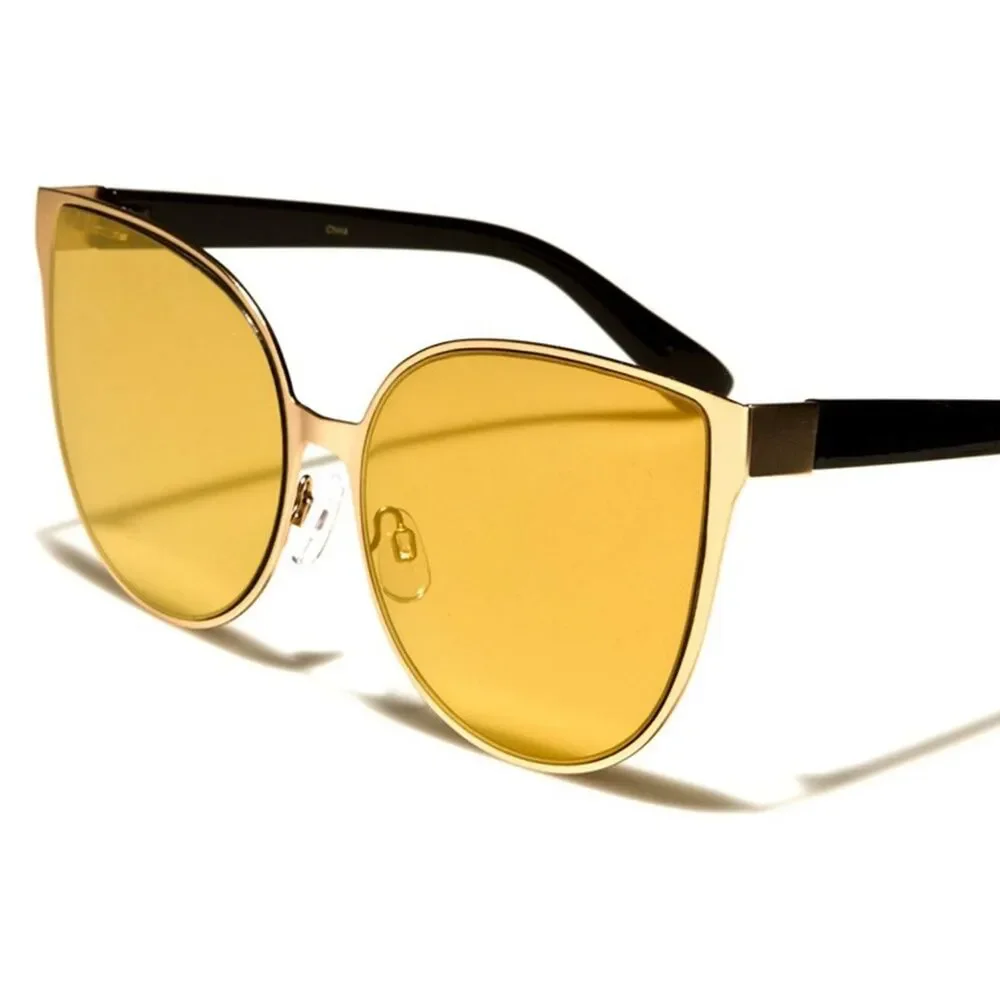 Designer Fashion Upscale Oversized Womens Mirrored Lens Gold Cat Eye Sunglasses
